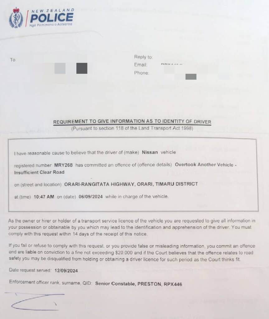 是紐西蘭警察交通局的信件，內容為警方獲知在特定時間您有惡意違規事項，請提供個人詳細資料配合後續調查。