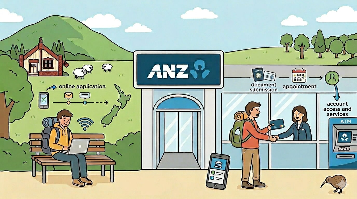 紐西蘭ANZ銀行海外開戶部落格標題圖片，圖片為插畫風，包含背包客網路申請及到實體ANZ銀行拿到實體卡的畫面。