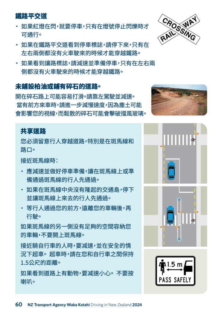 紐西蘭官方交通圖片中文版說明：行經鐵路平交道、碎石道路、人行道之相關規則。
