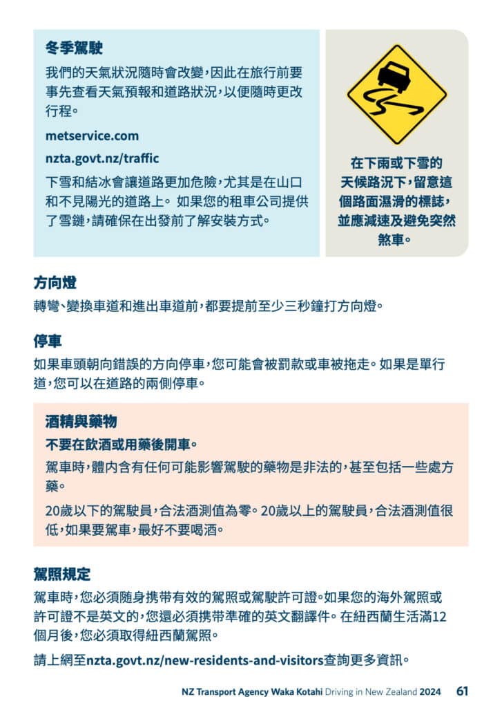 紐西蘭官方交通圖片中文版說明：冬季駕駛注意事項、停車及方向燈注意事項，國際駕照有效性說明
