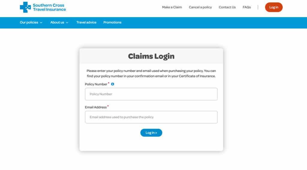 Southern Cross Travel Insurance (SCTI) 官方網站截圖畫面2：理賠申請身份驗證。