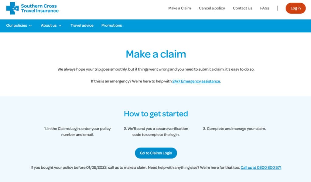 Southern Cross Travel Insurance (SCTI) 官方網站截圖畫面1：理賠申請主題分頁。