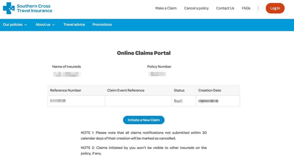 Southern Cross Travel Insurance (SCTI) 官方網站截圖畫面3：理賠申請登入後畫面。