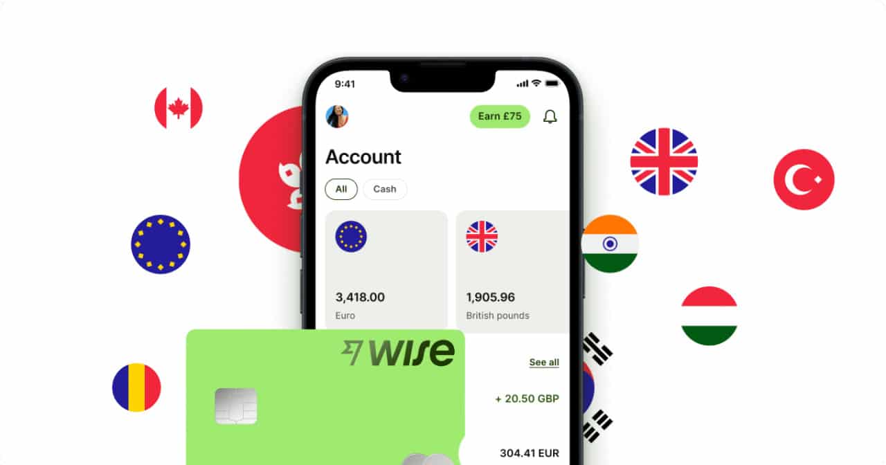 wise 官方宣傳圖片，顯示wise可支援多個國家幣種