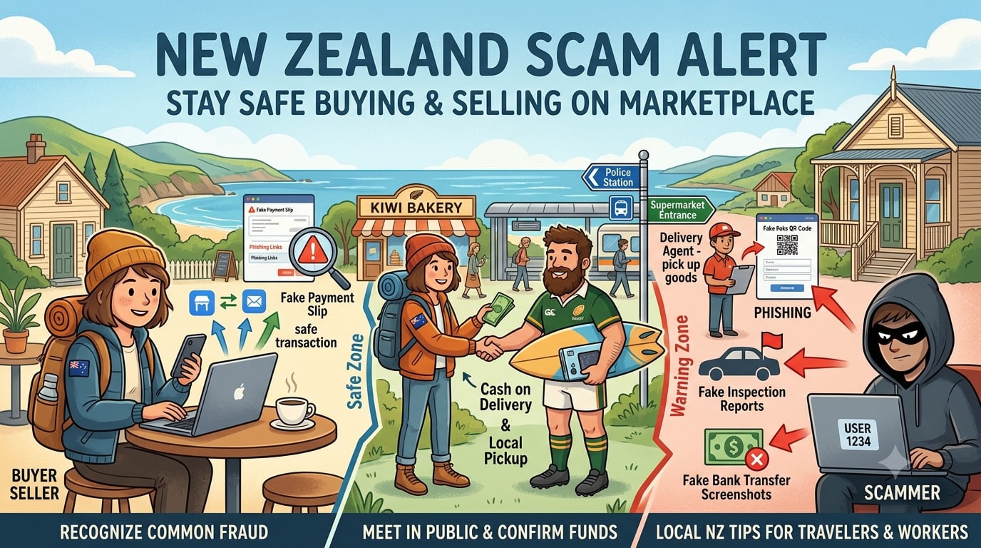 紐西蘭FB marketplace 線上交易詐騙示意圖，分為常見詐騙、公共場所面交與確認資金、詐騙識別三大區塊，對比安全交易與詐騙陷阱。
