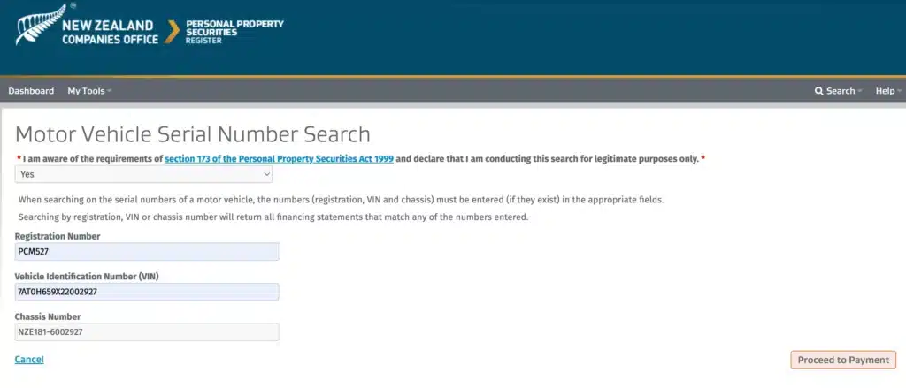 為PPSR 官網（Personal Property Securities Register ）網站提供汽車欠款查詢功能的頁面截圖。